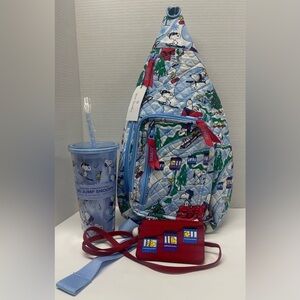 Vera Bradley Peanuts SKI SLOPE SNOOPY Sling Backpack Purse Bag Tumbler & Wallet